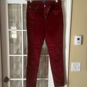 J Crew maroon wine burgundy velvet toothpick pants.  Size 30 T